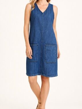 Wrap London Denim Shift Dress Pockets Sleeveless Blue US 8